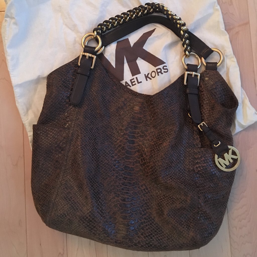 Michael Kors Mocha Python Embossed Genuine Leather Handbag Tristan Collection